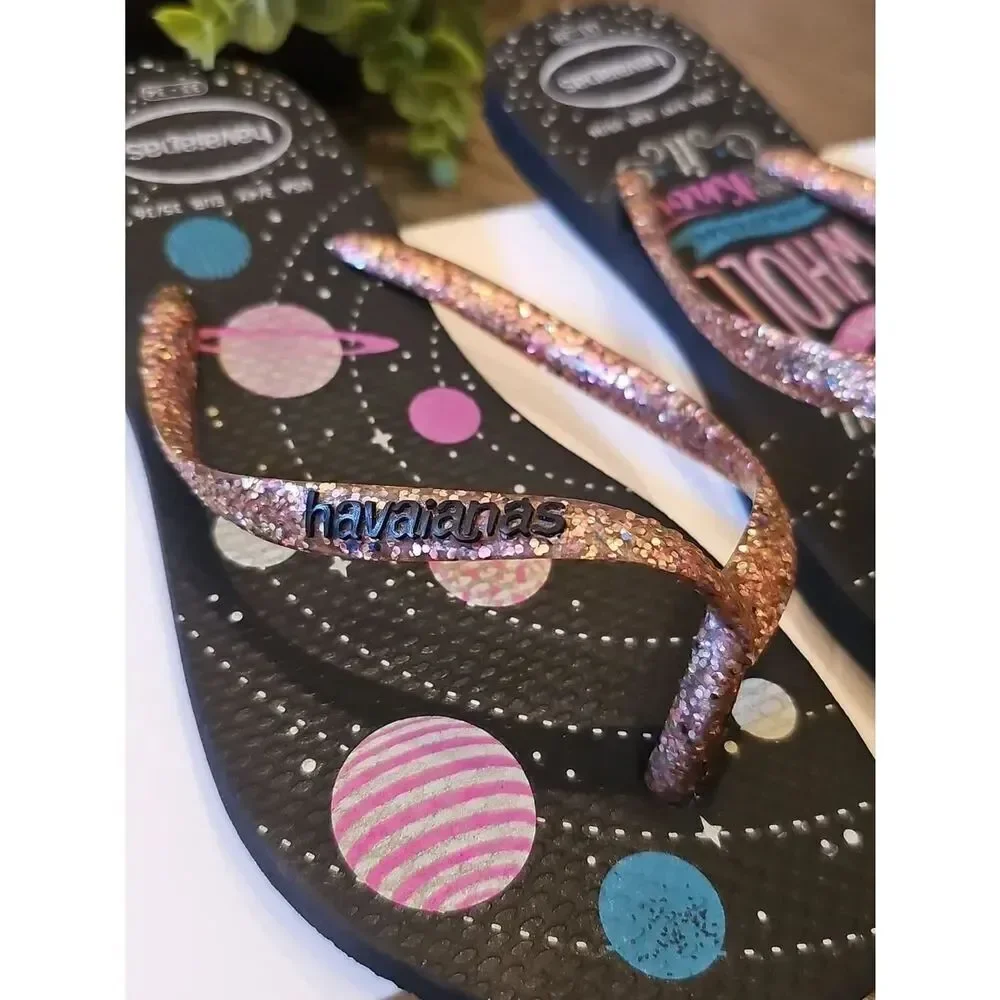 Havaianas Glitter Strap Flip Flops with Colorful Planet Print Size 1-1.5